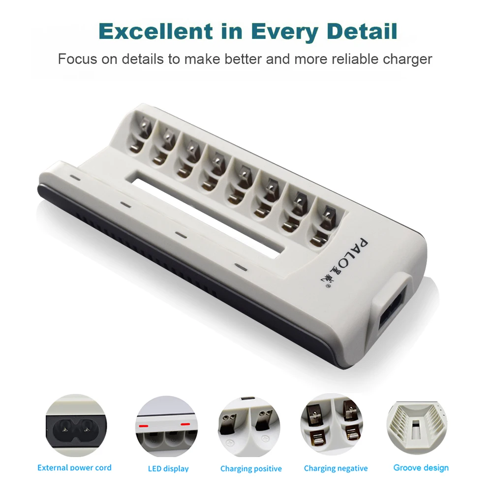 PALO AAA AA Battery Charger 8 Slots LED Indicator Light Smart Charger for 1.2v Ni-MH Ni-CD Rechargeable AA AAA Battery