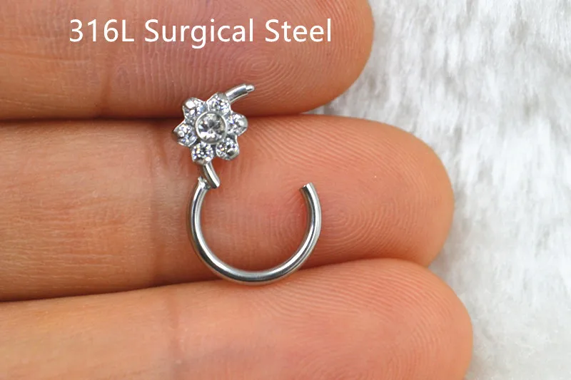 10pcs/Lot  316L Surgical Steel Seamless Hinged Segment Ring 16G Flower Gems Clicker Ear Cartilage Nose  Hoop Septum Gems NEW