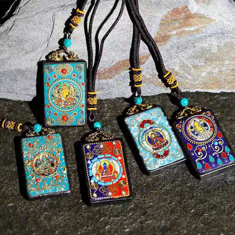 

Necklace Tibetan Natal Buddha Pendant Wooden Painted Manjushri Bodhisattva Yellow God of Wealth Small Tag