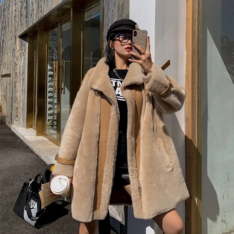 Korean Fashion Winter New Brand Loose Medium Length Overcoats Qualities Luxury Lapel Sheep Shearing Real Fur Coats Plus Size