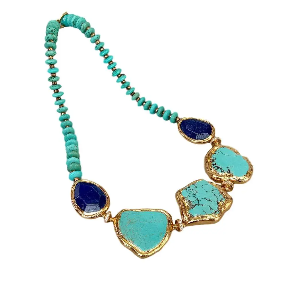 

Y·YING Blue Turquoise Rondelle Blue Lapis Faceted Chunk choker Necklace 21" ethnic style for women