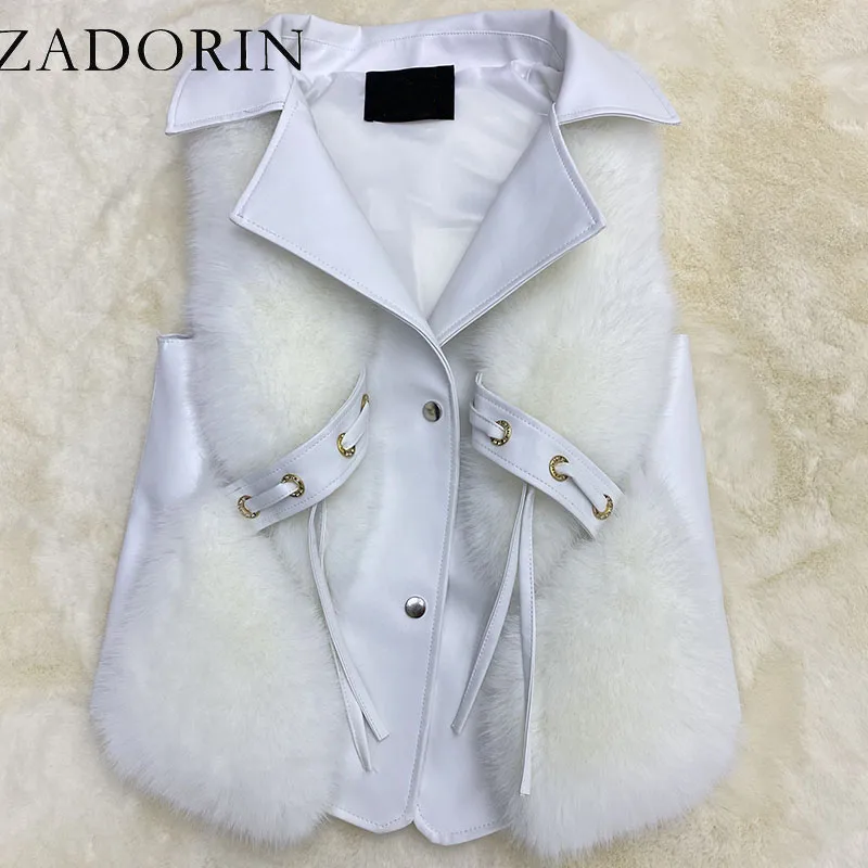 ZADORIN New Luxury Faux Fox Fur Vest Women Turn Down Collar Faux Leather Patchwork Cropped Faux Fur Coat Pink White Jacket