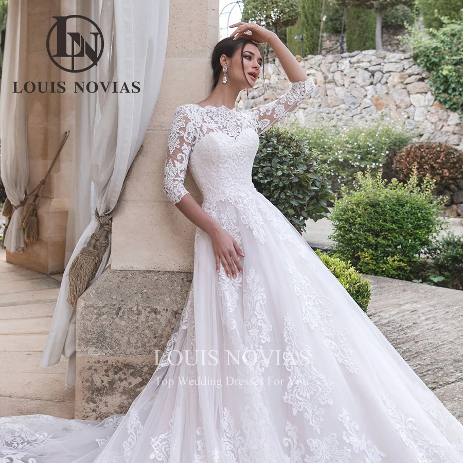 LOUIS NOVIAS Princess Wedding Dresses For Women 2024 Embroidery Bride Dress Half Sleeve Scoop Neck Lace A-Line Vestidos De Novia