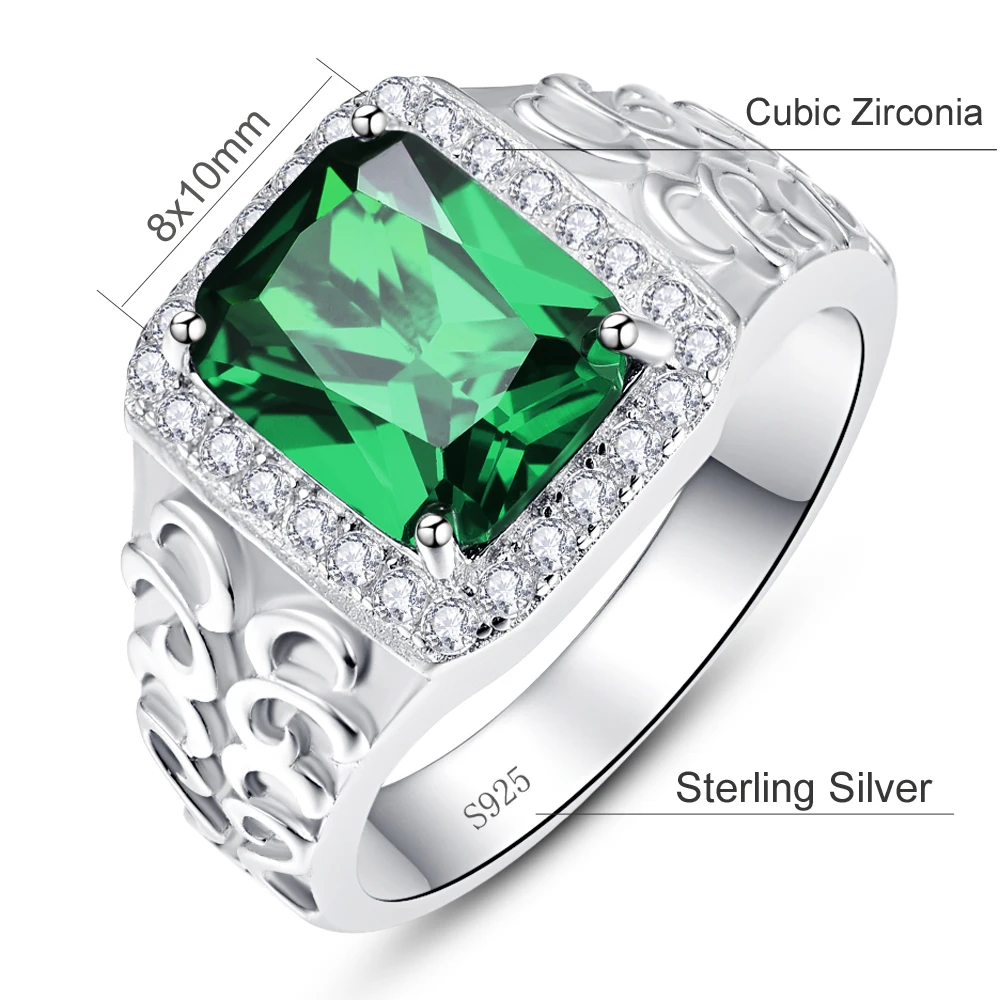 925 Sterling Silver Square Emerald Rings White Cubic Zirconia Hollow Flowers Zircon Wedding Engagement Ring for Men