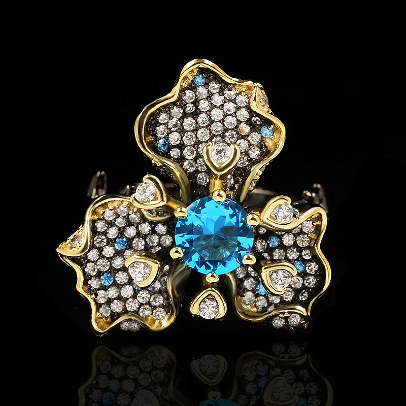 Elegant Temperament Three Petal Flower Ring Blue Zircon Luxury Jewelry Ladies Ring 925 Silver Black Gold Jewelry Women Rings