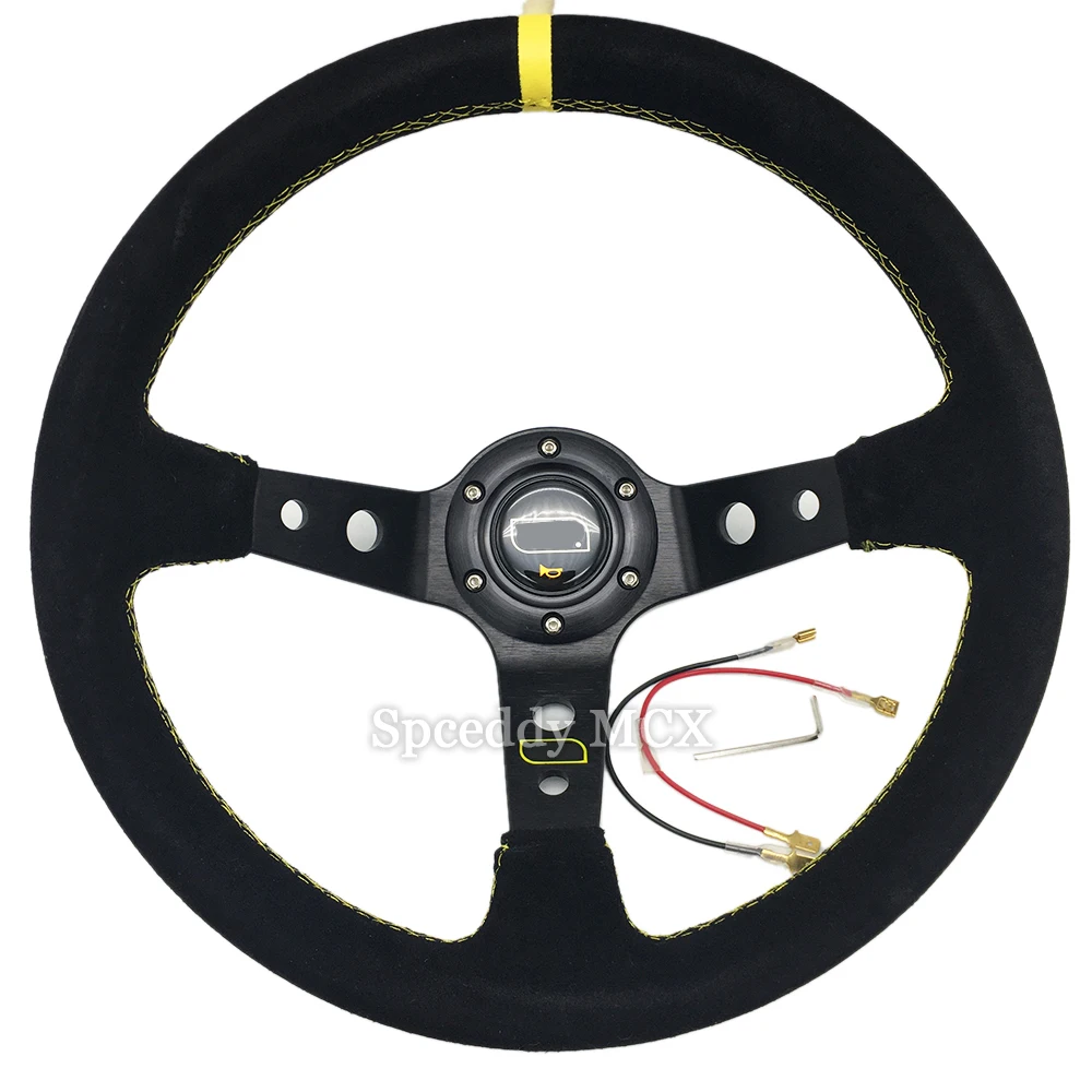 OM-Sports Steering Wheel 14 Inch Deep Corve Drifting Suede Leather 350mm Car Steering Wheel With Horn Button 6-Hole Black Blue