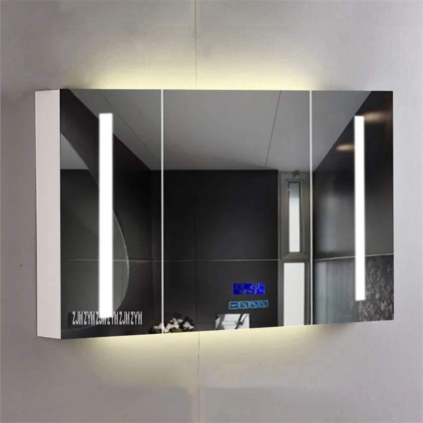 110/120cm Smart Mirror Cabinet Antifog Modern Bathroom Toughened Glass Solid Wood Wall Mounted Cabinet 110V/220V