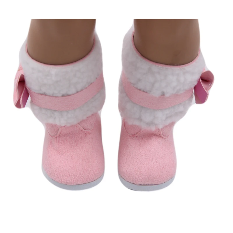 Botas de nieve de felpa rosa con lazo para bebé recién nacido, zapatos de muñeca de moda, accesorios de juguete, regalo para niña, 7cm, 43cm, 18 pulgadas