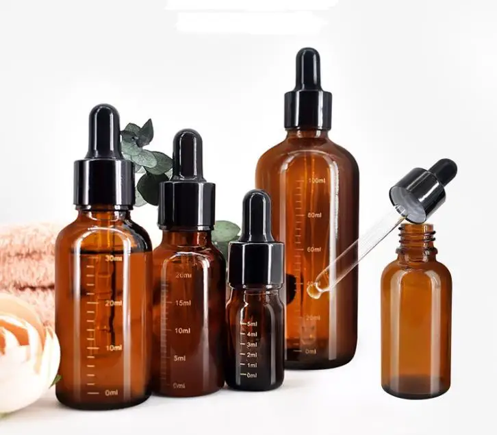 240pcs/lot 5ml 10ml 15ml 30ml 50ml Amber Makeup Essential Oil Liquid Storage Dropper Glass Bottle with Scale SN254