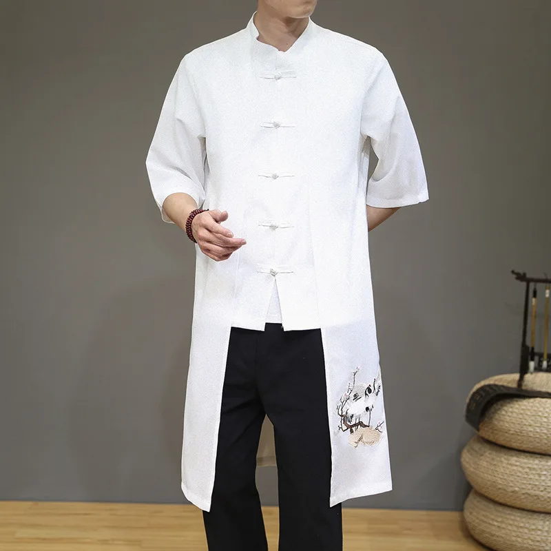 

Traditional Chinese Clothing For Men Linen Crane Embroidred Long Trench Kung Fu Tai Chi Uniform Fake Two Piece Shirt CN-167