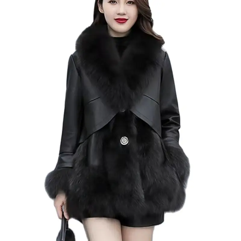 High-End Black Faux Fur Coat Women Fashion New Autumn Winter Faux Fox Fur Collar Warm PU Leather Jacket Women's Outerwear