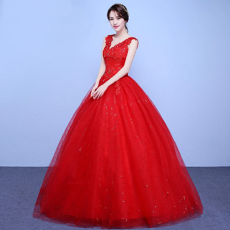 AnXin SH luxus blume spitze rot hochzeit kleid party türkei prinzessin v-ausschnitt friesen kristall ballkleid weiß hochzeit kleid