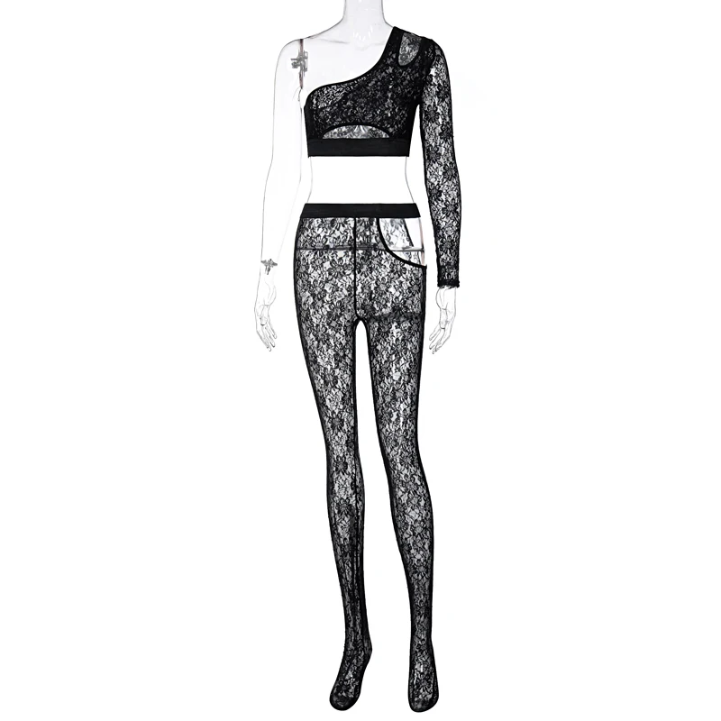 2020 Lange Mouw Een-Schouder Patchwork Kant Vrouwen Top Broek Pak 2 Stuks Set Herfst Winter Vrouwen Sexy party Trainingspak