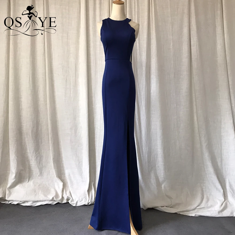 Simple Navy Evening Dress Stretch Long Party Gown Halter Neck Formal Gown Hollow out Waist Split Women BlueProm Dress Sleeveless