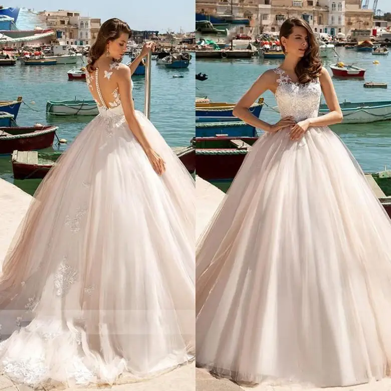 2021 A Line Wedding Dresses Bridal Gowns Plus Size Sleeveless Illusion Bodice Covered Button Lace Applique Beads Vestios De Novi