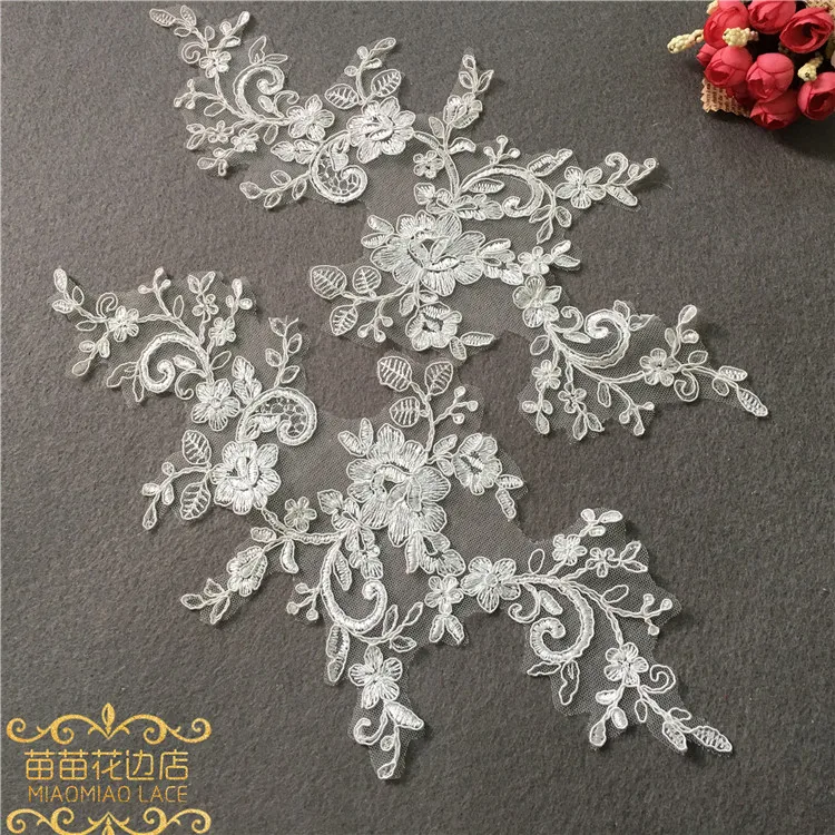 1Pair/2pcs Ivory White Embroidery Lace Flowers Applique Trim Veil Diy Handmade Materials Wedding Dress Decoration Accessories