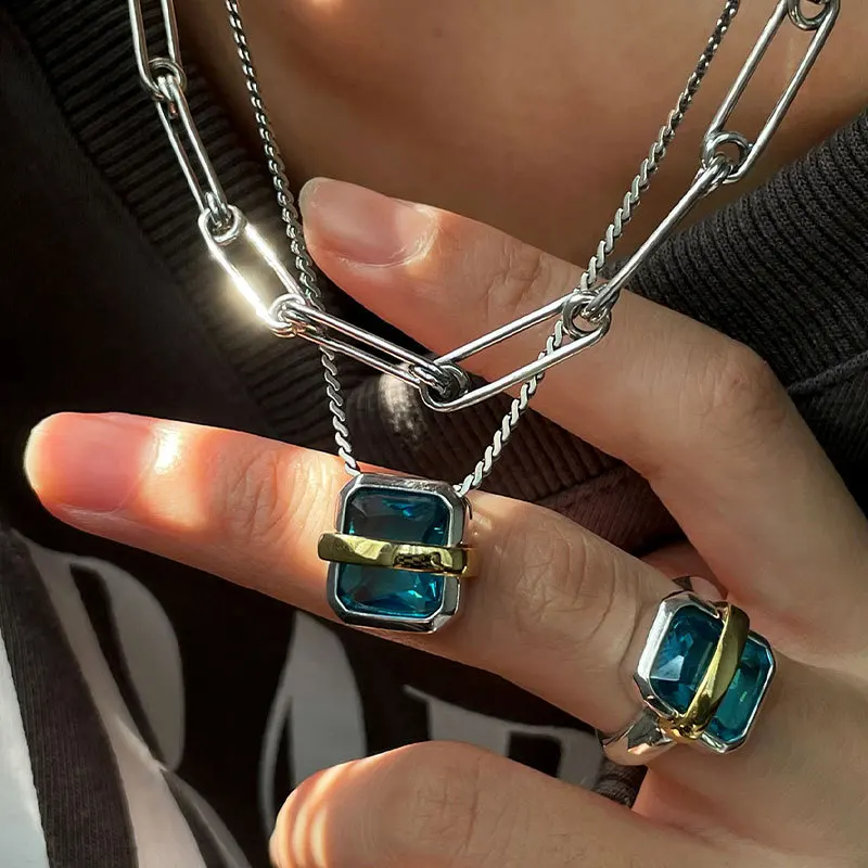 MEWANRY Silver Color Blue Zircon Necklace for Women Geometric Temperament Minimalist Chic Luxury Christmas Jewelry Gifts