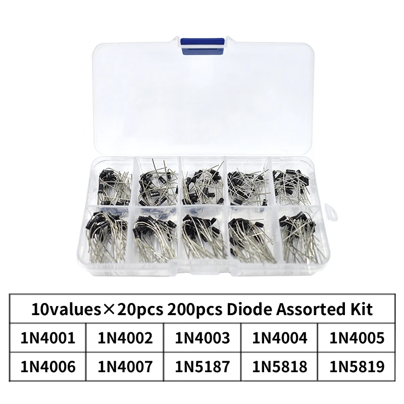 200Pcs 10 Values Rectifier Diode Assorted Kit 1N4001 1N4002 1N4003 1N4004 1N4005 1N4006 1N4007 1N5817 1N5818 1N5819 + Box