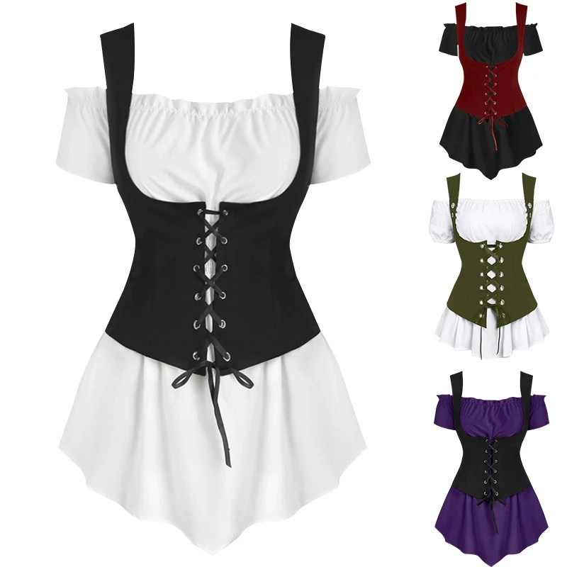 Medieval Steampunk 2Peices Clothing Set for Woman Off Shoulder Shirt Bandage Vest Stage Viking Pirate Cosplay Costumes