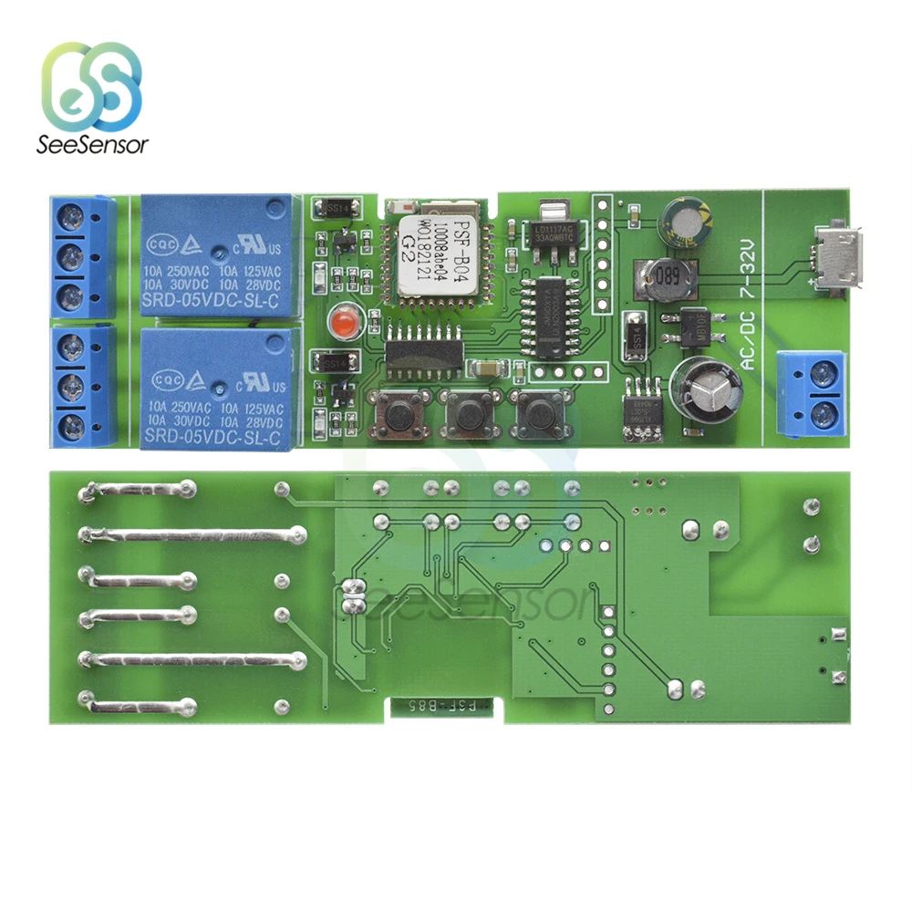 Módulo de Relé Interruptor WiFi Universal para Casa Inteligente, Interruptor Sem Fio, Temporizador, Controle Remoto Do Telefone, 2CH, USB, DC 5V, 7-32V