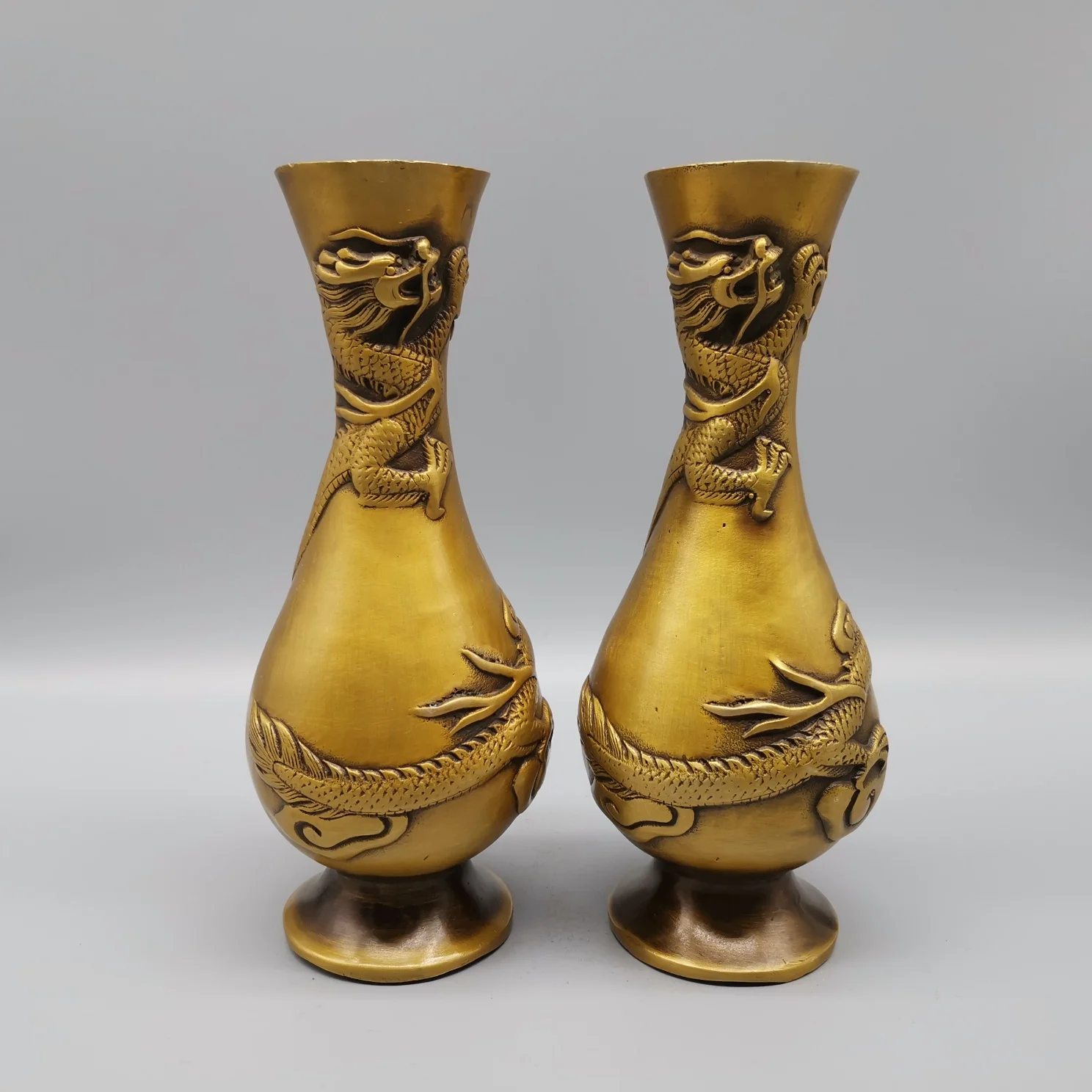 

a Pair Collection Chinese Antique Dragon Statue Brass Vase