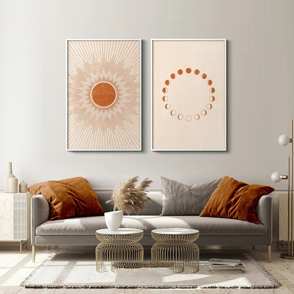 Sun Moon Print Boho Bedroom Decor Modern Mid Century Minimalist Poster Living Room Canvas Painting Terracotta Wall Art Pictures