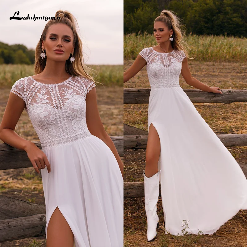 Vestido de novia de gasa con abertura bohemia, mangas casquillo personalizadas, vestidos de novia sexis con cuello en V de alta calidad, bata de tren de barrido