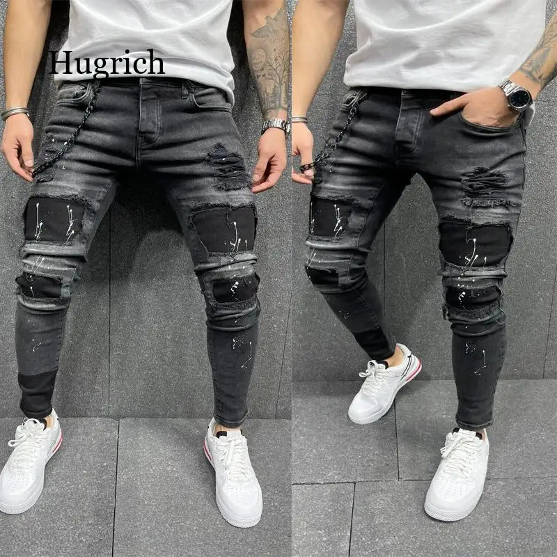 

Men Ripped Skinny Jeans Biker High Quality Black Distressed Slim-Fit Pencil Pants Locomotive Zipper Denim Pants Hip Hop Trousers