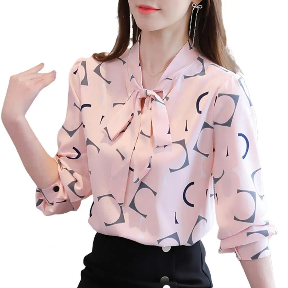 Women Digital Print Long Sleeve Blouse Top Buttons Cuff Necktie Bowknot Pullover