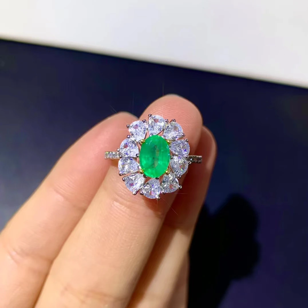 925 pure silver Chinese style natural Emerald women's luxury vintage flower oval adjustable gem ring fine jewelry support detect