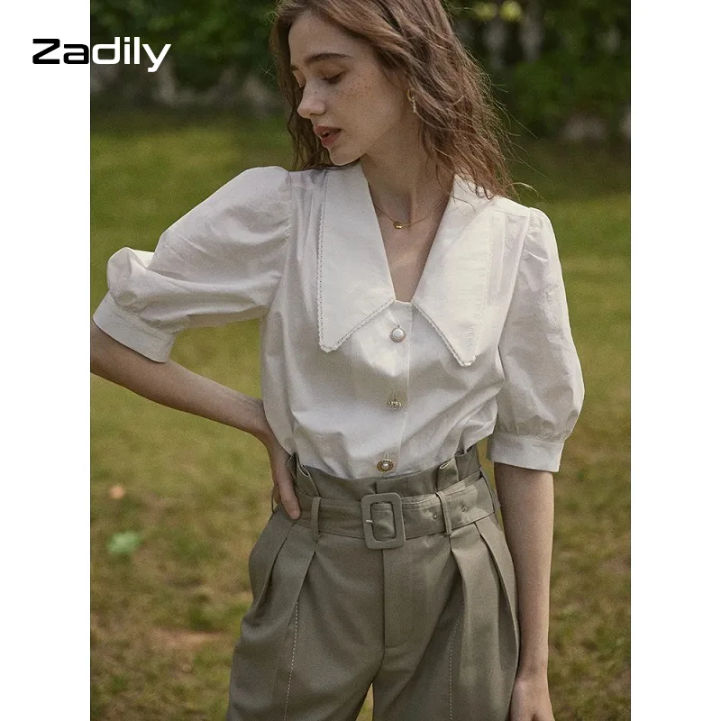 Zadily Chic Vintage Short Sleeve White Shirt Women Lace Turn Down Collar Puff Short Sleeve Blouse 2021 Summer Female Clothing