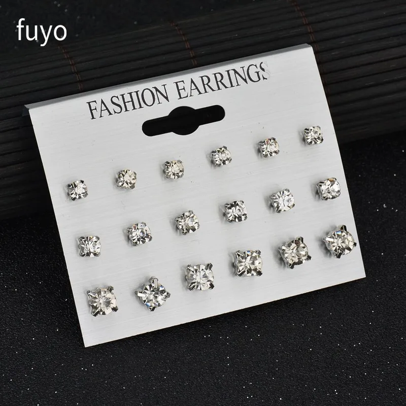 Delicate 12 pairs Women Round Crystal Heart Stud Earrings for Women Piercing Imitation Pearl Earrings Set Wedding Party