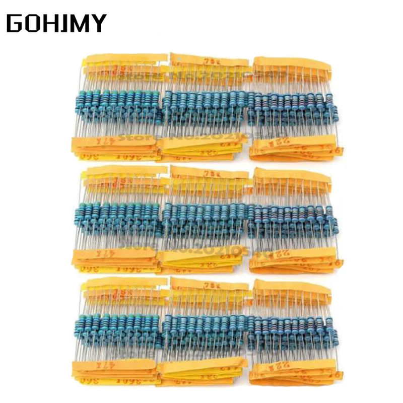 1100pcs 1/2W 1M Metal Film Resistor Assorted Kit 1R 2.2R 3.3R 4.7R 100R 100K 470K 10M 1M 2M ohms Metal Film Resistors Set