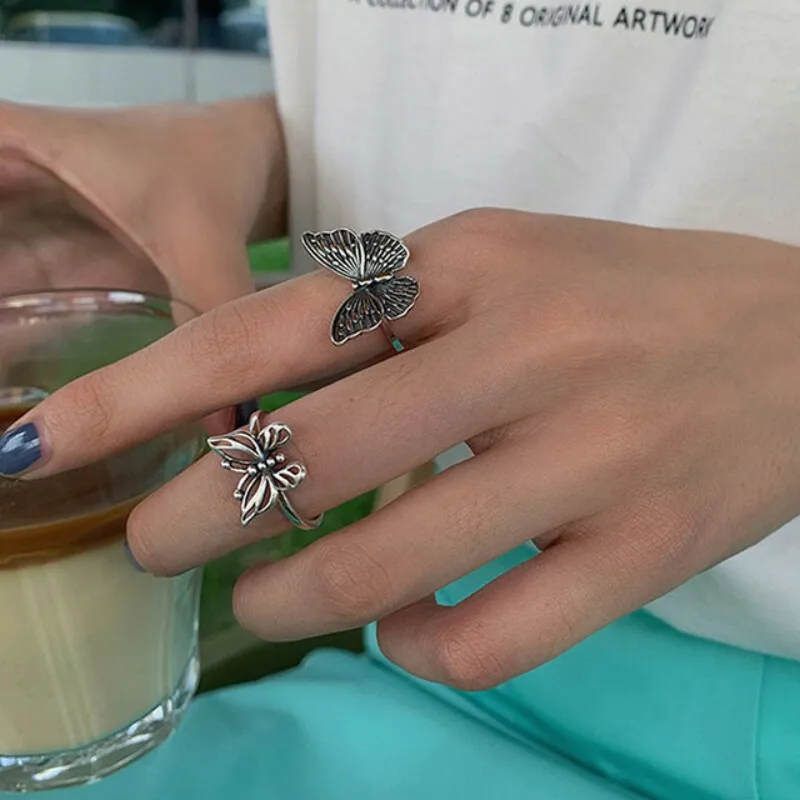 925 Sterling Cincin Kupu-kupu Perak untuk Wanita Mode Baru Antik Punk Perhiasan Bagus Hadiah Aksesori Pesta Ulang Tahun