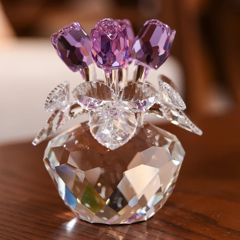 Valentine\'Gift For Her,Crystal Rose Flower Figurines Dreams Ornament Glass Paperweight Lucky Unfading Bouquet Sculpture Home Dec