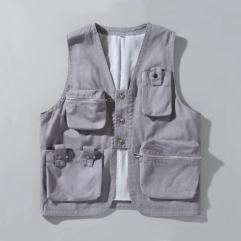 

87002 Spring Autumn Men Cargo Waistcoat Outdoor High Quality Trendy Tracksuit Vintage Youth Handsome Multi-Function Pocket Vest