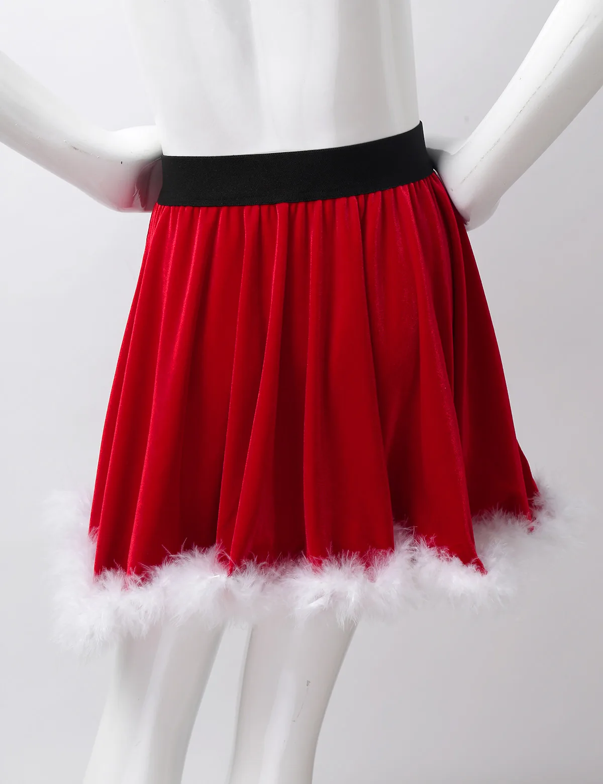 Kids Girls Santa Christmas Show Skirt Costume Red Velvet Feather Trim Mrs Claus Fancy Dress Up Dance Skirt Xmas Party Clothes