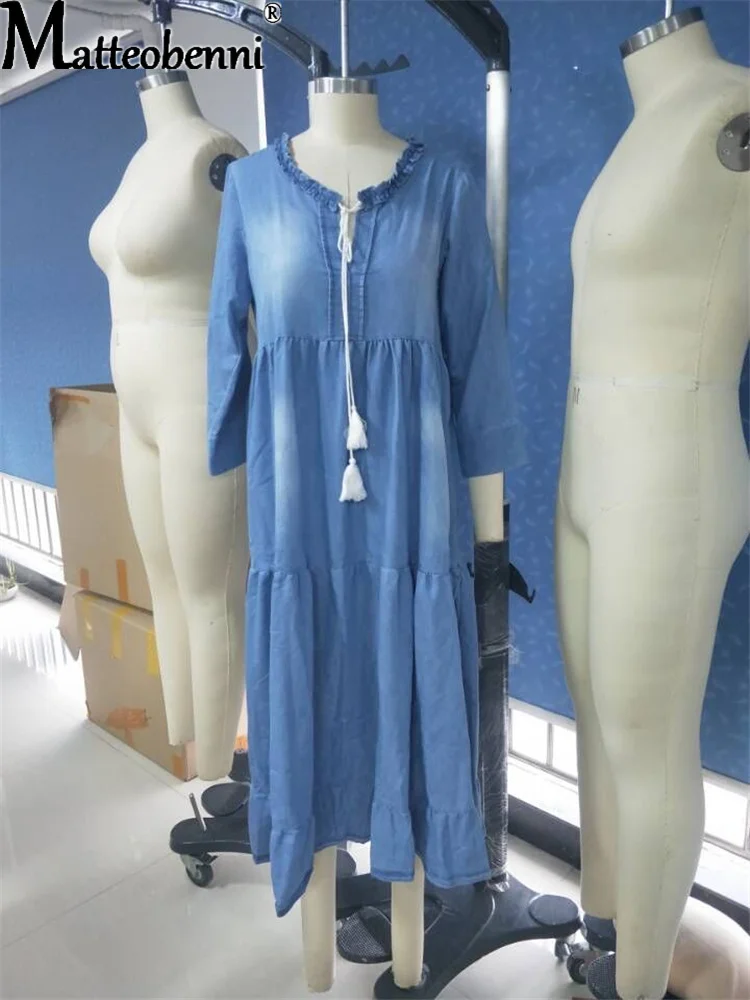 2021 Fashion Sundress Autumn Women Vintage Ruffles Party Casual Maxi Long Dress Ladies New Streetwear Solid Loose Denim Dresses