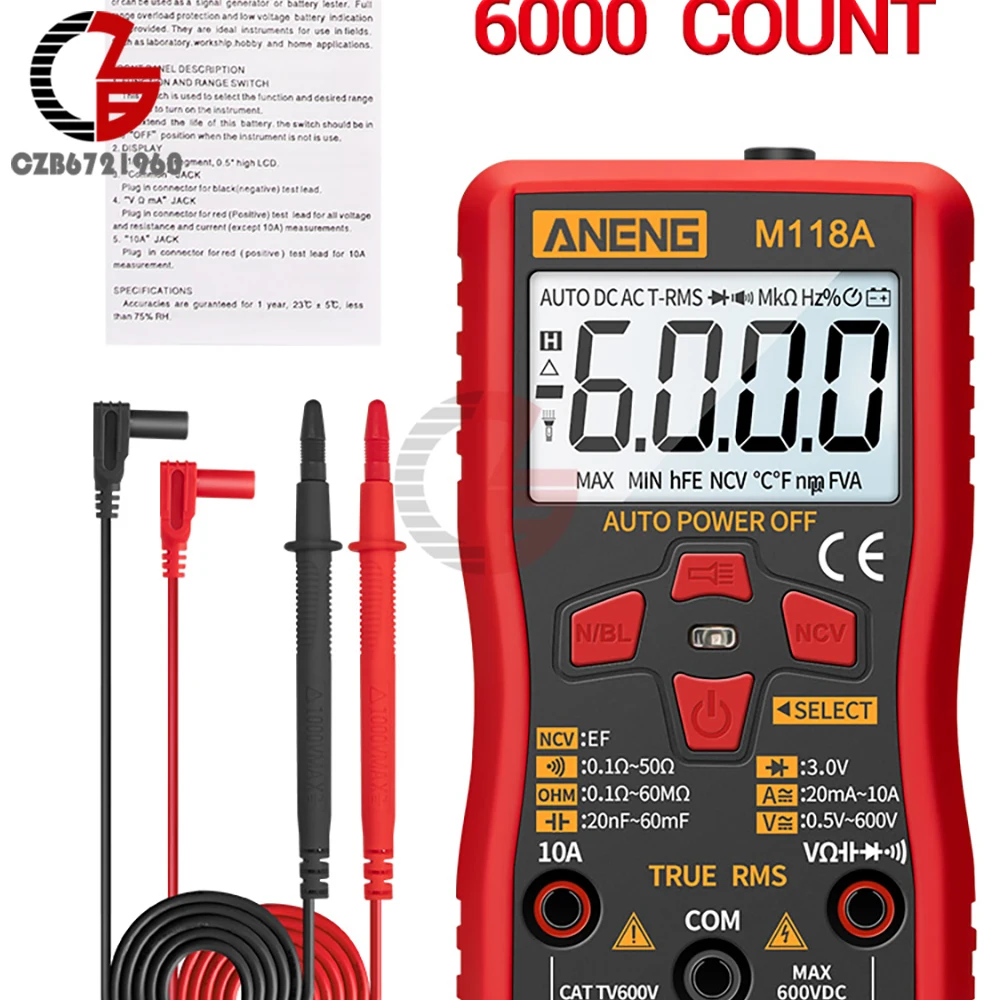 M118A AC/DC True RMS Digital Multimeter Voltmeter Ammeter Voltage Current Meter Amp Ohm Resistance Tester