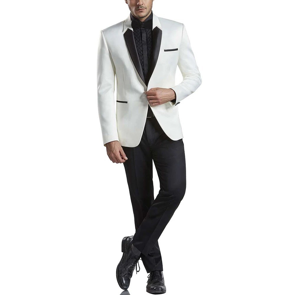 

New Arrival Men Suits Ivory and Black Groom Tuxedos One Button Groomsmen 2 Pieces Wedding Best Man ( Jacket+Pants+Tie ) C998