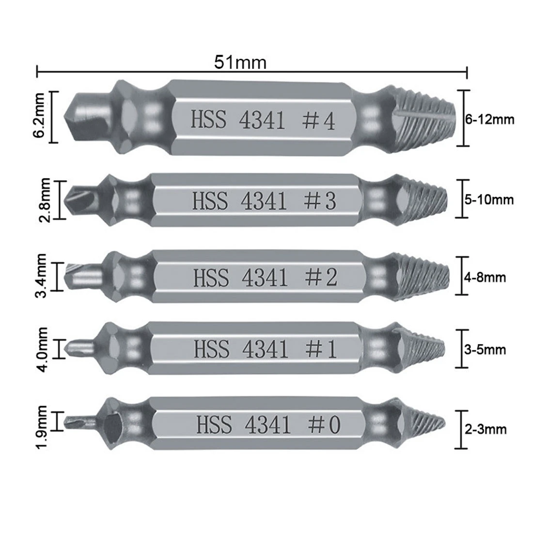 5pcs Damaged Screw Extractor Drill Bit Extractor Drill Set HSS4341 Out Bolt Extractor Bolt Stud Remover Tool Double Head