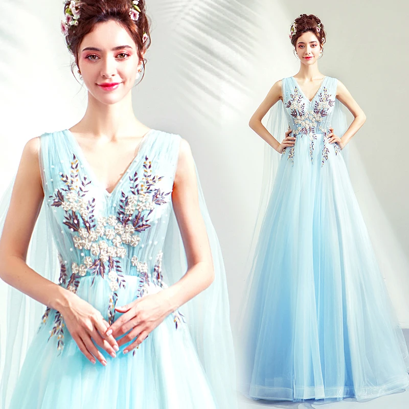 

Long sky blue v neck sweat girl lady women prom dress party dress free shipping