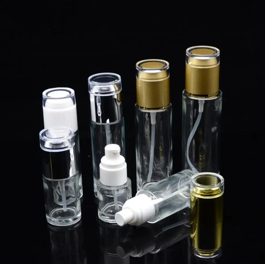 Botella de vidrio transparente de 20ml para suero/loción/emulsión/base/anti-UV/essencia/cuidado de la piel botella de plástico para embalaje cosmético