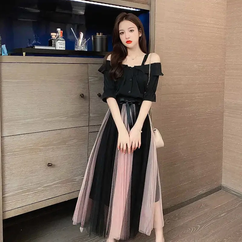 Casual Plus Size Tulle Skirt Women+short Sleeve Buttoned Shirt Two-piece Suit Fashion Long Pleated Mesh Skirts New A-line Skirt