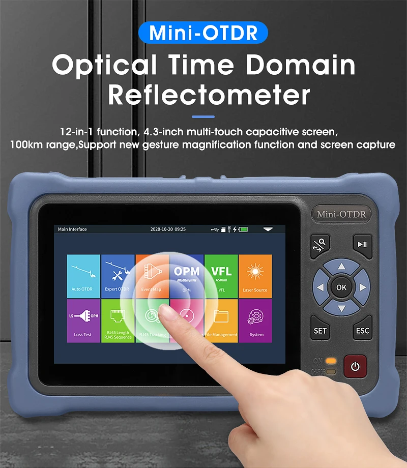 Imagem -02 - Mini Otdr Fibra Óptica Reflectometer Touch Screen Vfl Ols Opm Ethernet Cabo Tester 100km 1310 1550nm 26 24db 12 em Aua800