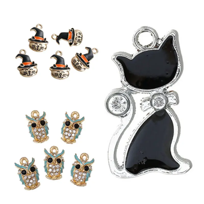 5 PCs Zinc Alloy Halloween Charms Cat & Owl Animal Rhinestone Golden & Black Hat Enamel Pendants For DIY Jewelry Makin