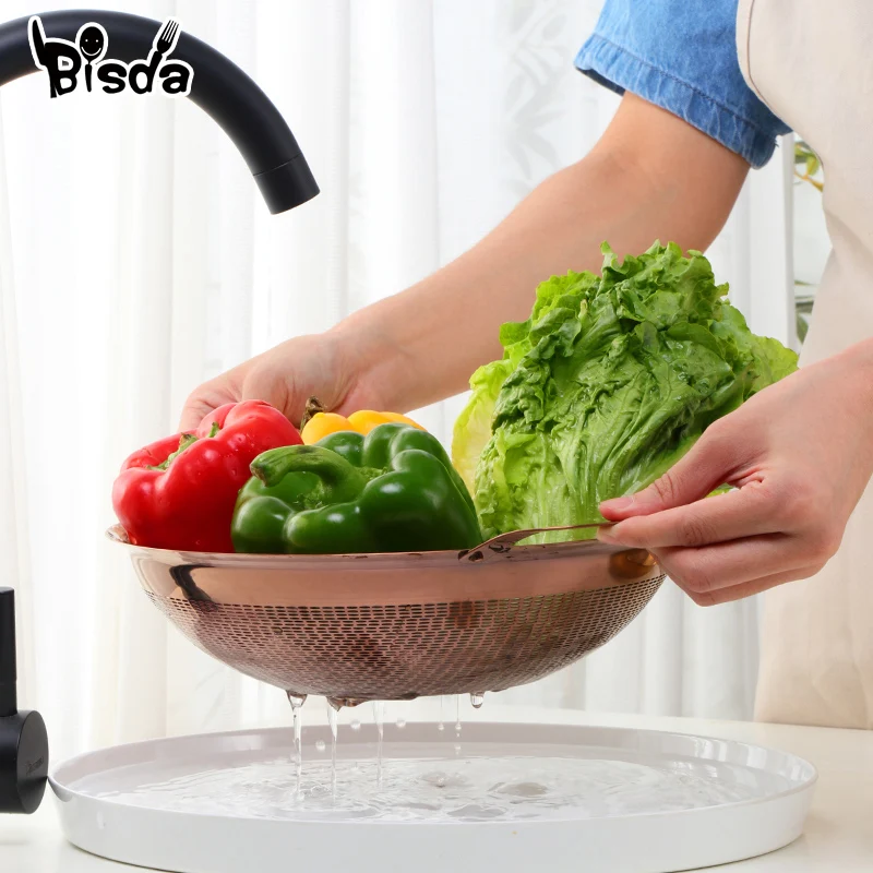 Stainless Steel Drain Basket Rice Strainers Gold Fruit Colander Rice Mesh Filter Vegetable Basket With Handle Kitchen Tool