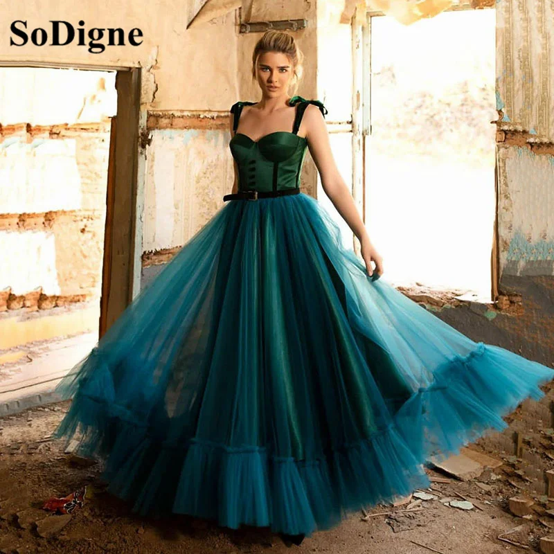 SoDigne-vestido de fiesta Formal para mujer, vestido de tul verde con hombros descubiertos y cinturón, sencillo, largo hasta el té, vestidos de noche