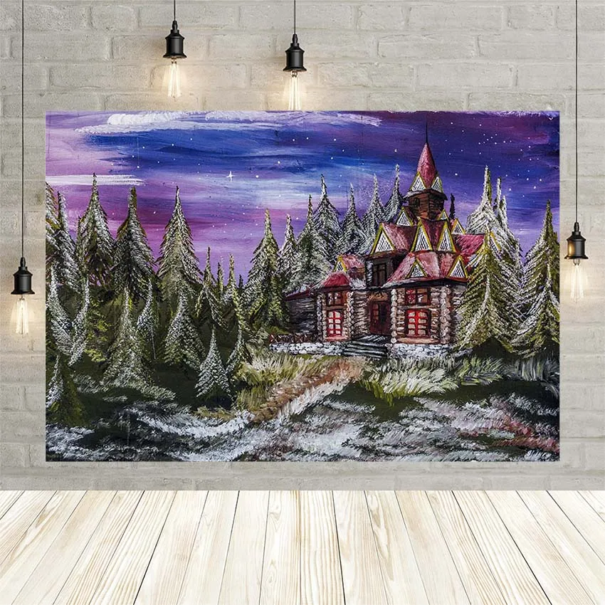 

Avezano Oil Painting Winter Forest Tree Background For Photography Wood House Starry Sky Baby Portrait Backdrop Photo Studio