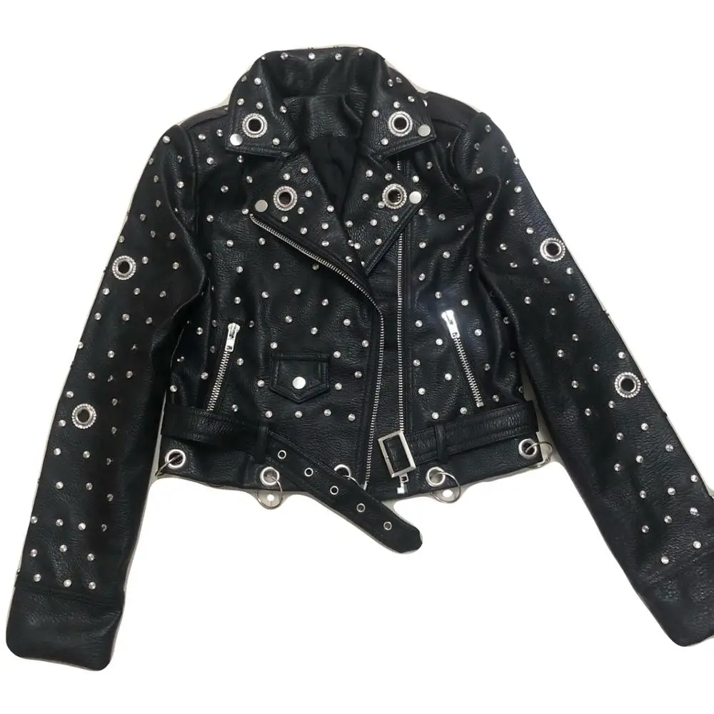 

Rivet beading soft pu leather coats Women metal ring stiting pu Leather Jacket Punk Rock Cropped Jackets faux leather coat F2192